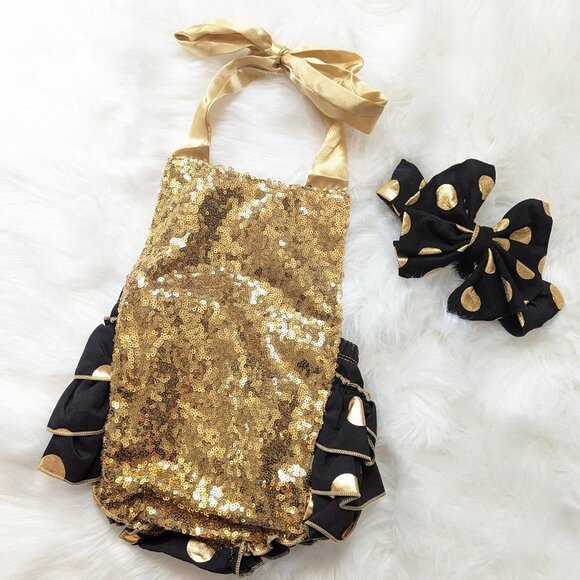 Baby Girl Sequin Romper New 2PC Black and Gold - Picture 1 of 6